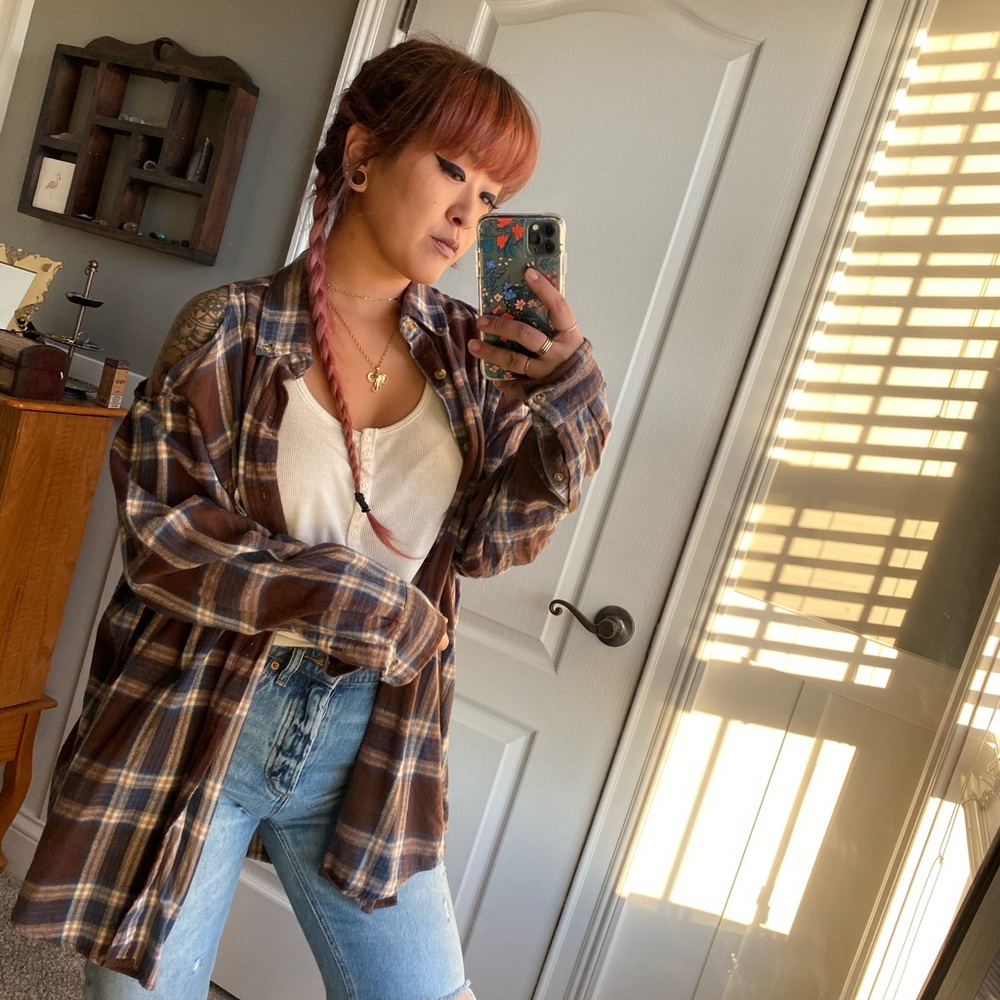 • fp open shoulder flannel oversized